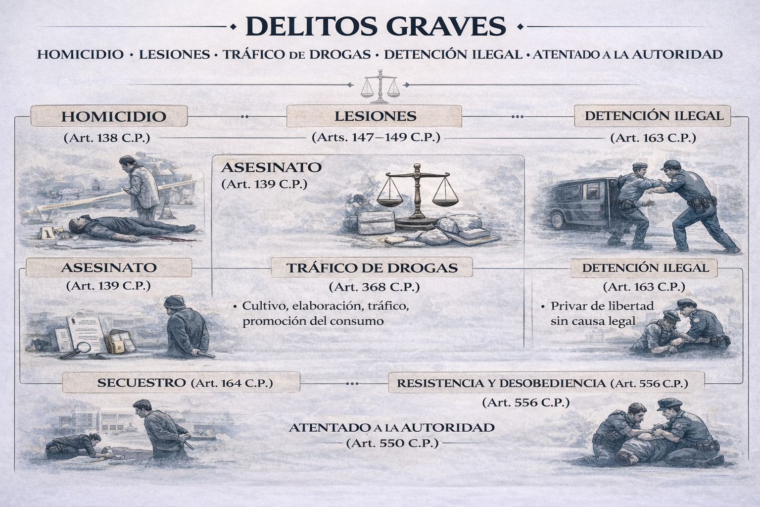Delitos graves en el Código Penal español Infografía sobre delitos graves del Código Penal: homicidio, lesiones, tráfico de drogas, detención ilegal y atentado a la autoridad