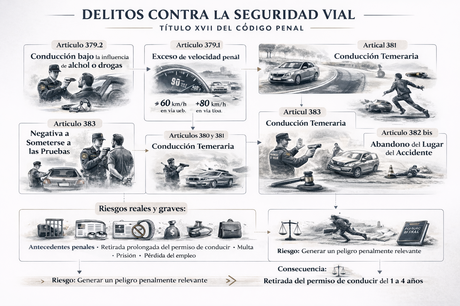 Delitos contra la seguridad vial – Código Penal (arts. 379 a 382 bis) Infografía sobre delitos contra la seguridad vial en el Código Penal español: alcoholemia, exceso de velocidad, conducción temeraria y abandono del lugar del accidente