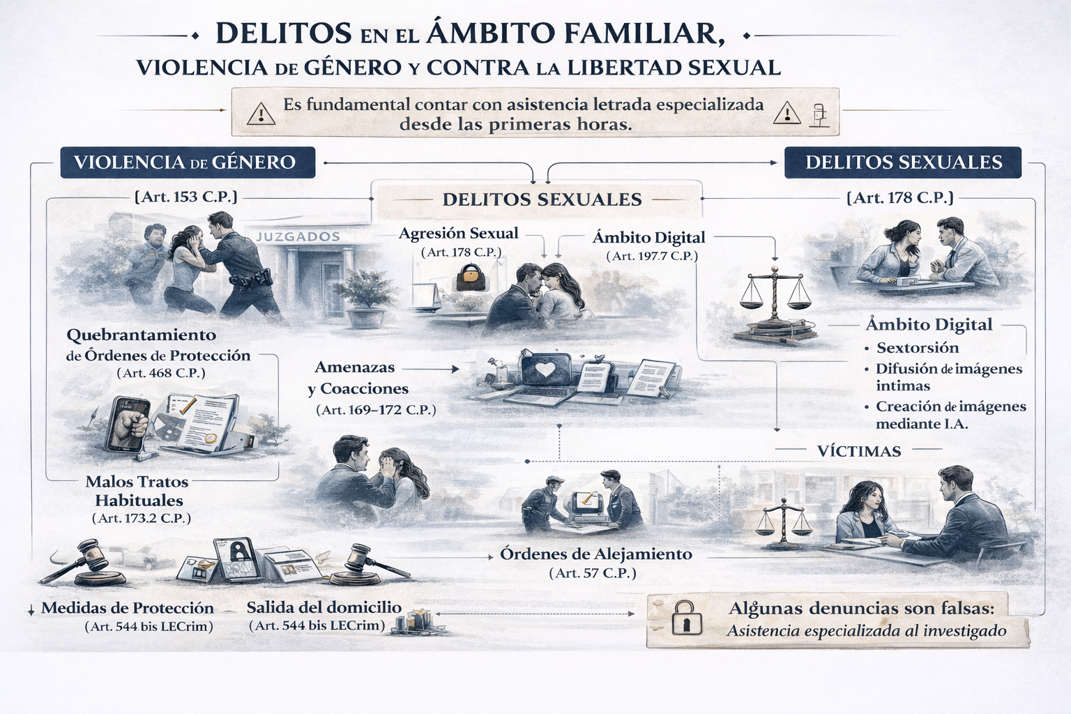 Delitos ámbito familiar y violencia de género – Código Penal Infografía sobre delitos en el ámbito familiar, violencia de género y delitos sexuales con artículos del Código Penal español.